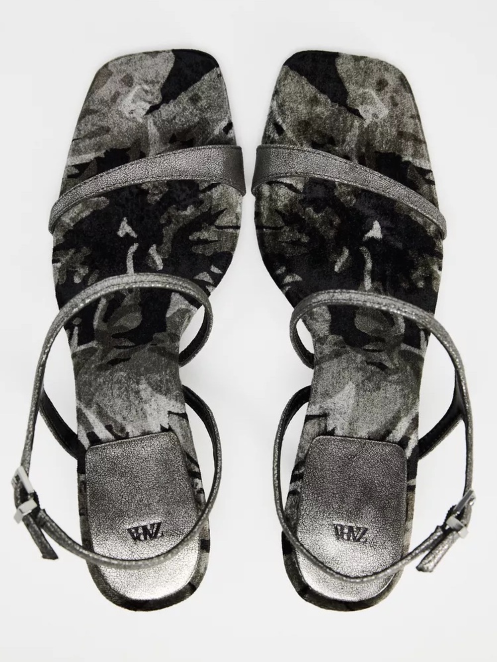 Zara Metallic Gray Strappy Floral Sandals